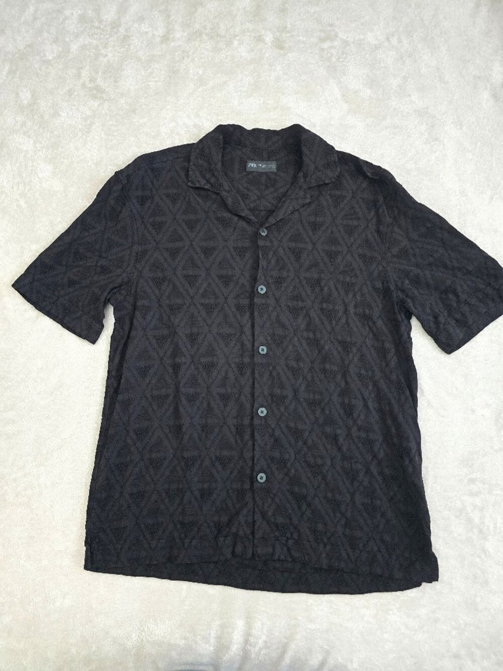 ZARA Diamond Pattern Button Down Black Shirt, Medium